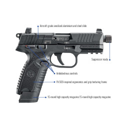 FN 502 Tactical — närbild av pipa och sikte.