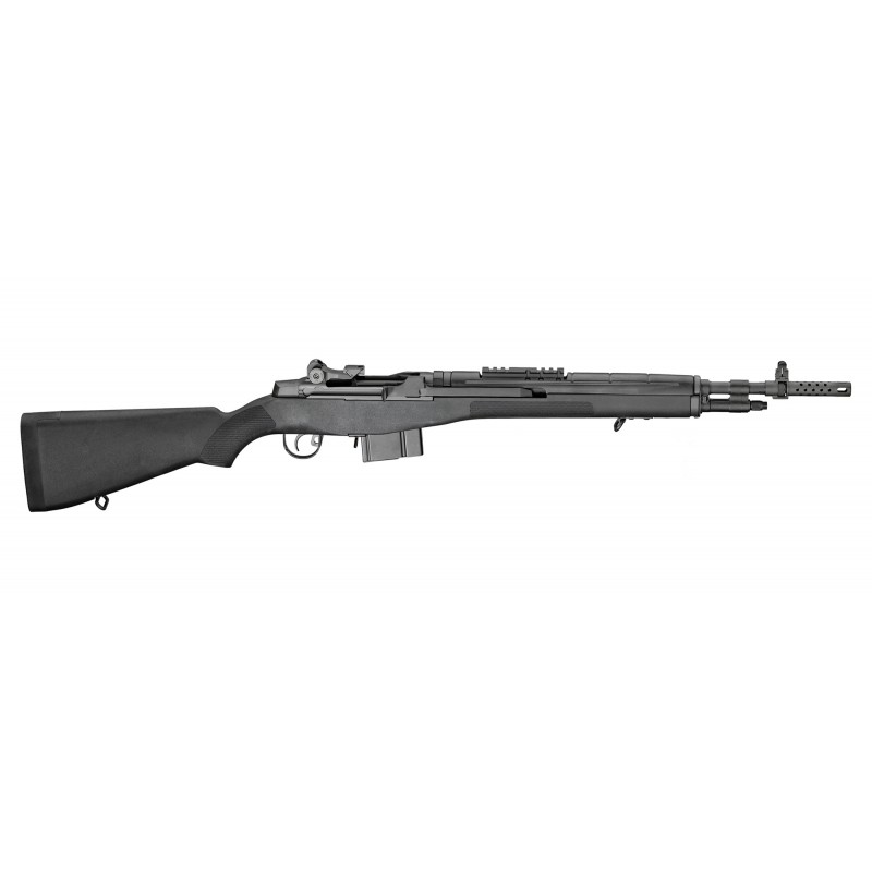 Springfield M1A Scout Squad .308 Win 18" svart — framifrån vänster vy med Picatinny-rail och muzzle brake
